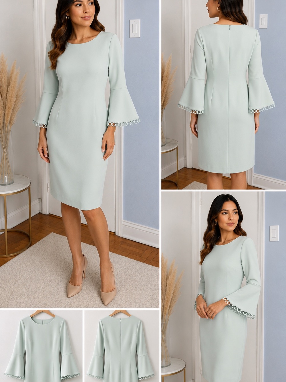 Calvin Klein Scallop-Trim Bell-Sleeve Sheath Dress in Mint
